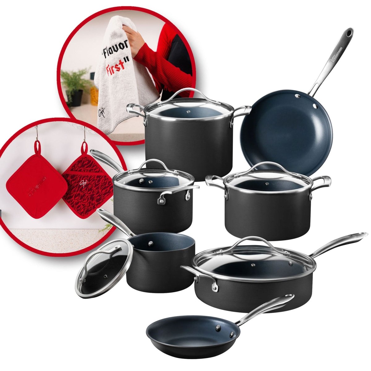 Laser Titanium™ 12 Piece Set with Free Kitchen Towels and Potholders