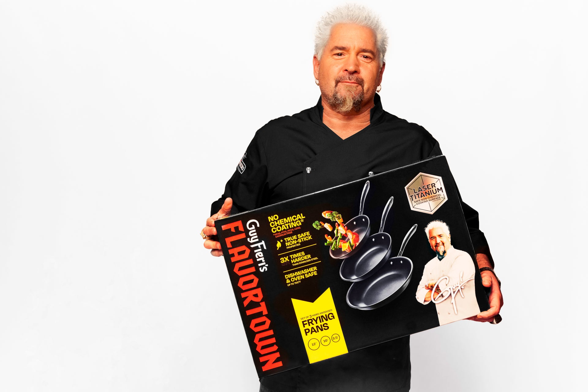 Guy Fieri's Flavortown Laser Titanium 3-piece Fry Pan Set Laser Titanium 3 Piece Fry Pan Set – Guy Fieri's Flavortown